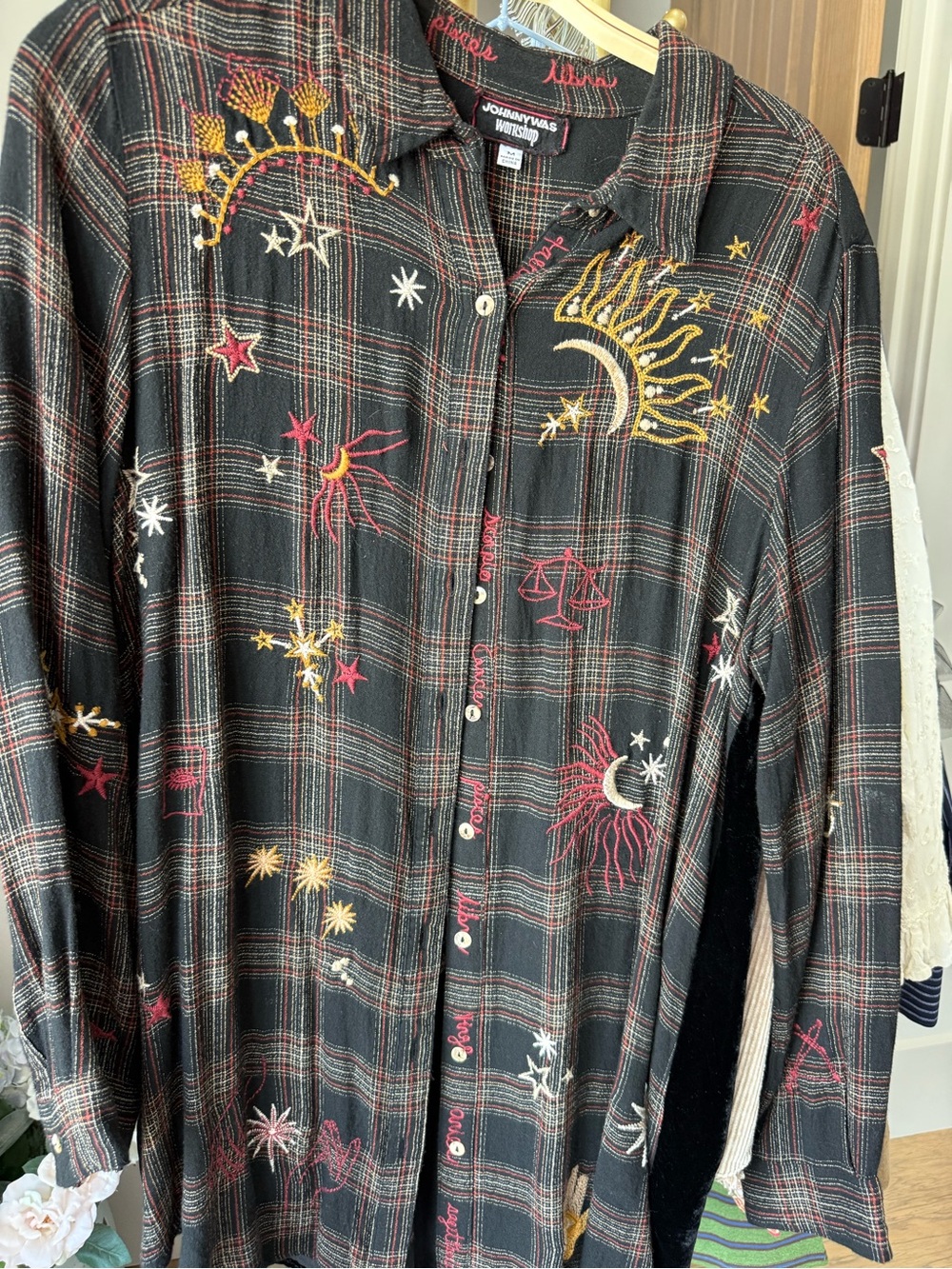 Johnny Was Black Plaid Embroidered Celestial Button-Down Shirt